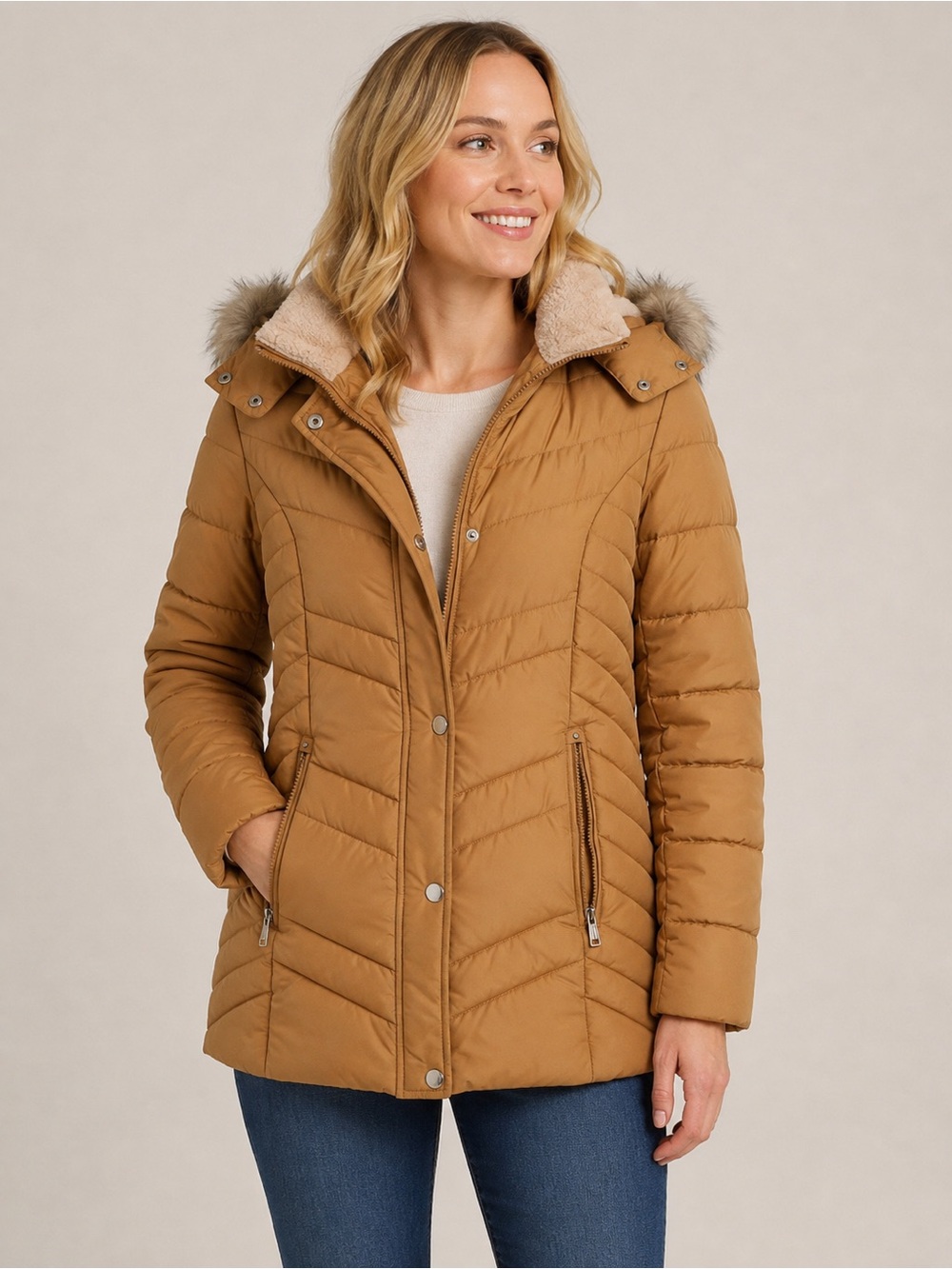 Laundry by Shelli Segal Faux-Fur-Trim Hooded Puffer Coat size L